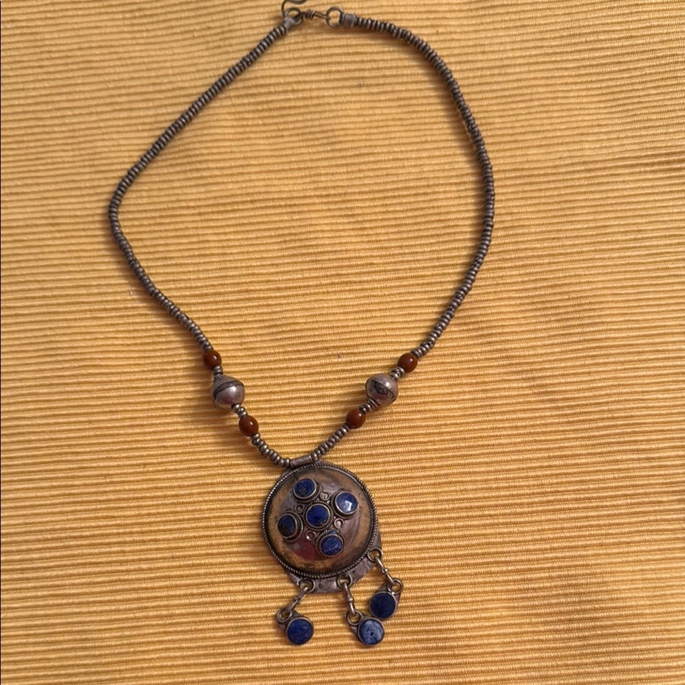 Bohemian Blue and Brown Necklace with Ethnic Pendant